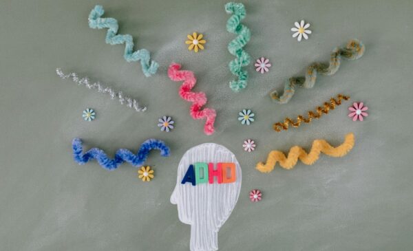 adhd written in outline of head with pipe cleaners coming out